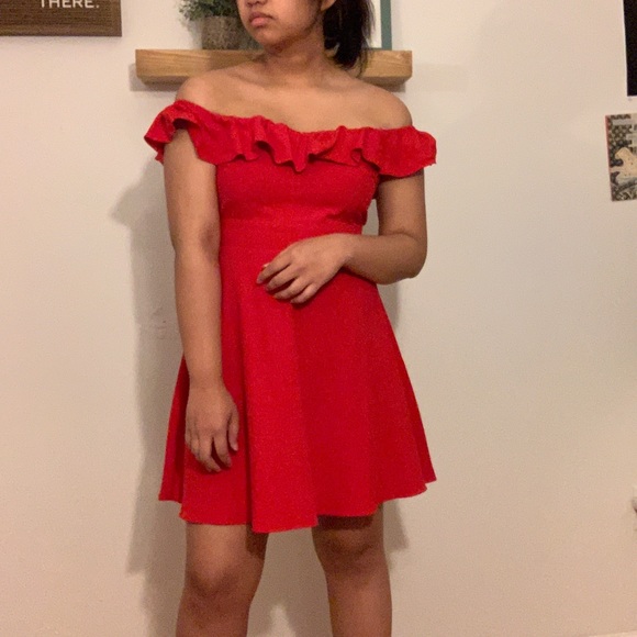 zara red off the shoulder dress